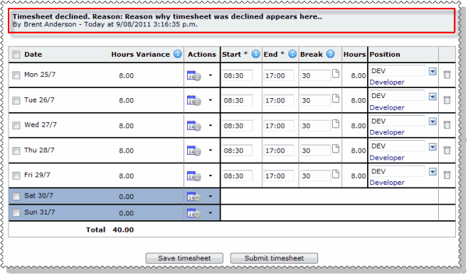 Declined Timesheet