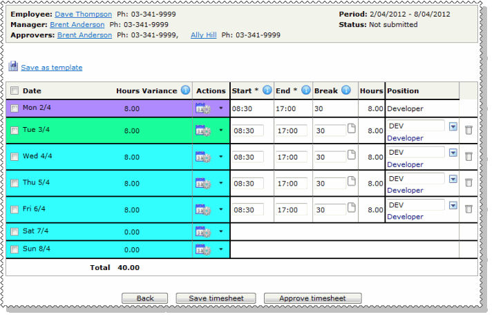 Timebands by timesheet - Day by Day