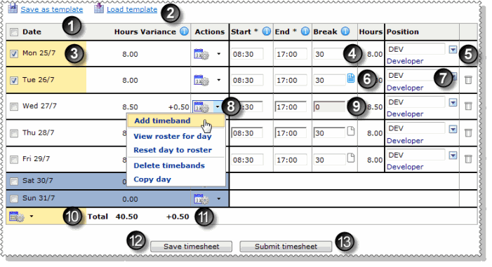 Timesheet Grid Options (Timebands by timesheet)